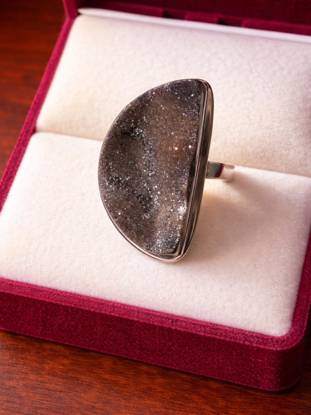 Handcrafted Gray Druzy Statement Ring – sterling silver band